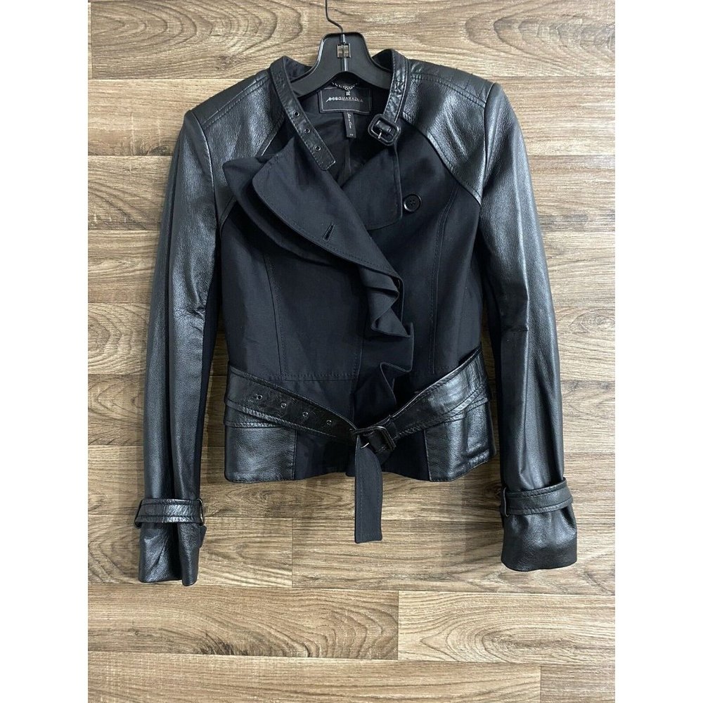 BCBG Maxazria XS Black Leather Moro Bomber Belted Jacket Coat Biker